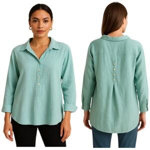 FRIDAZE Solid Aqua 100% Linen Popover Top Pearlized Buttons Roll Tab Women’s 0X